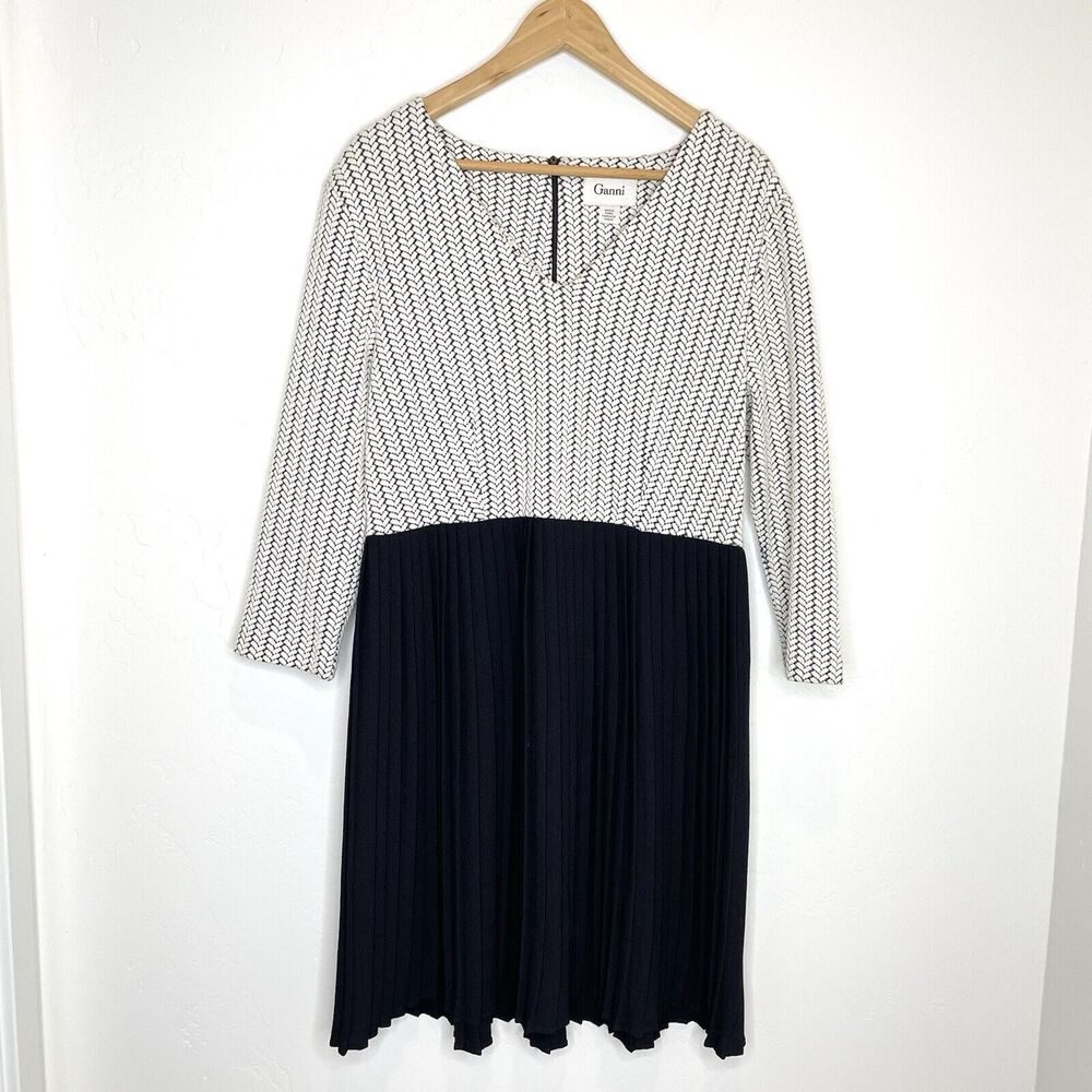 Ganni Anthropologie Herringbone Jacquard Jersey Dress Pleated Women Large Black